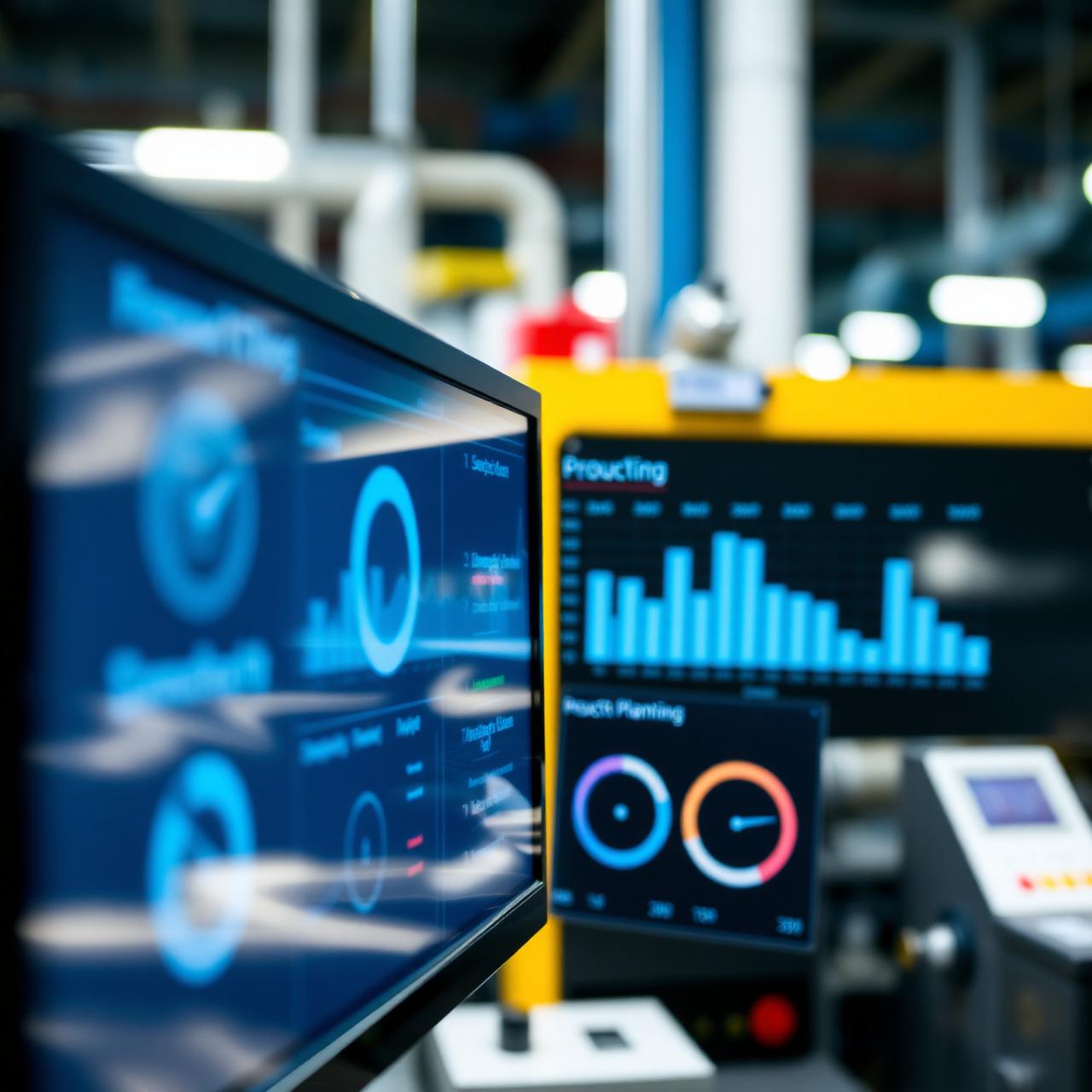 Production planning dashboards displaying capacity and backlog metrics on a factory floor