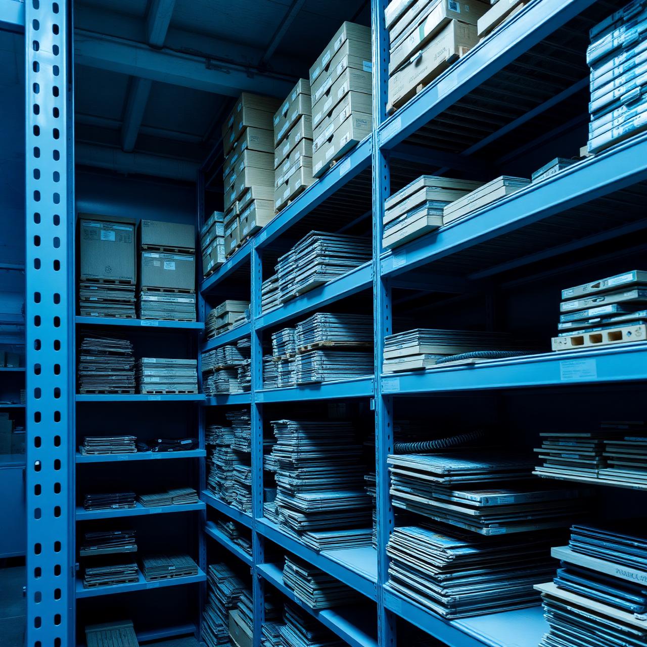 Organised inventory shelves with stacked components under cool blue light